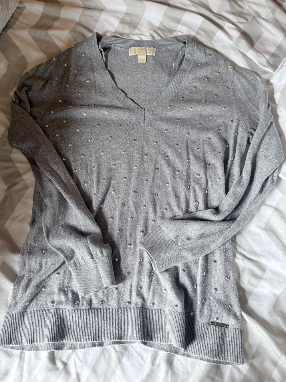 Michael Kors Light Gray Stud-Embellished V-Neck Sweater